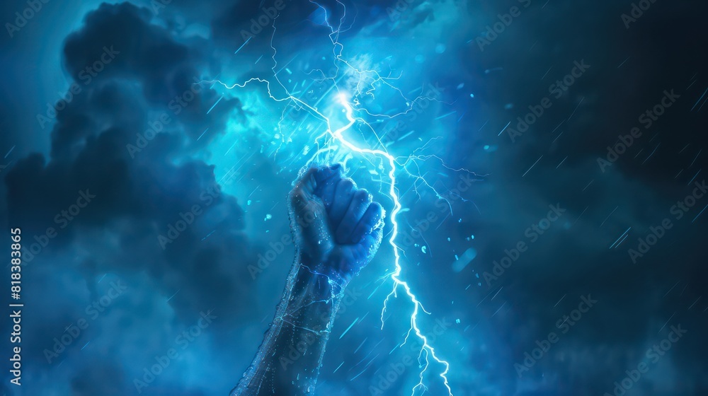 Hand holding up a lightning bolt. Energy and power. Stormy background. Blue glow Hand holding up a lightning bolt. Energy and power. Stormy background. Blue glow