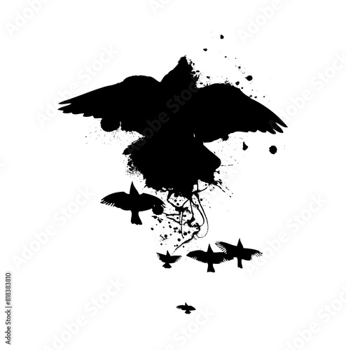silhouette of a black bird with blots. hand drawing. Not AI, Vector illustration