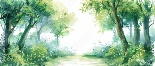 A watercolor clipart of a forest pathway leading to a bright clearing on a white background