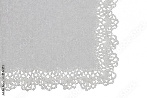 white cotton handkerchief with handmade lace, isolated