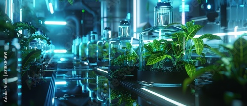 An artistic depiction of a hightech lab with glowing green plants in glass containers
