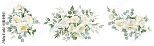 White flowers and green eucalyptus leaves watercolor illustration isolated on transparent background. Creamy roses bouquets, wedding florals photo