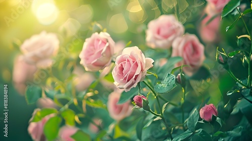 Beautiful pink roses in a sunny garden. Close-up view highlights the delicate petals and vibrant green leaves. Perfect for nature lovers and floral themes. AI