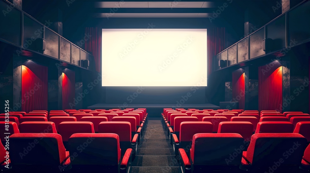Modern cinema hall with red seats and empty screen. Ideal for movie posters, film advertisements, and cinematic promotions. Vibrant and inviting. AI Modern cinema hall with red seats and empty screen. Ideal for movie posters, film advertisements, and cinematic promotions. Vibrant and inviting. AI