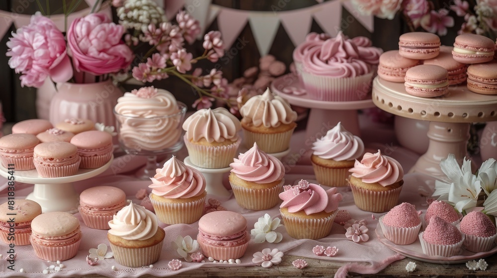 A variety of pink pastries arranged in a decorated display. A variety of pink pastries arranged in a decorated display.