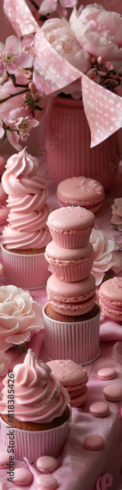 A variety of pink pastries arranged in a decorated display. A variety of pink pastries arranged in a decorated display.