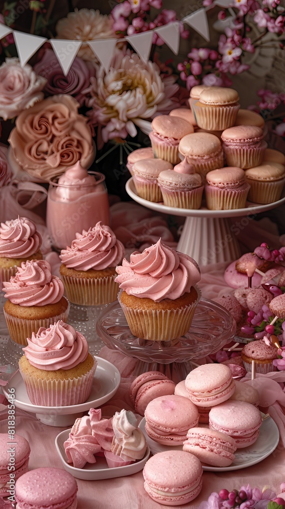 A variety of pink pastries arranged in a decorated display. A variety of pink pastries arranged in a decorated display.