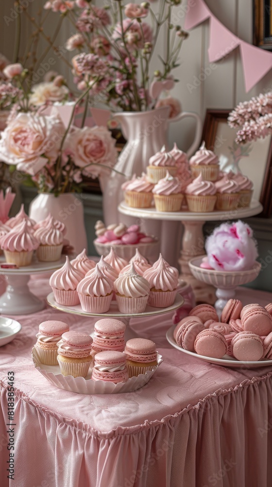 A variety of pink pastries arranged in a decorated display. A variety of pink pastries arranged in a decorated display.