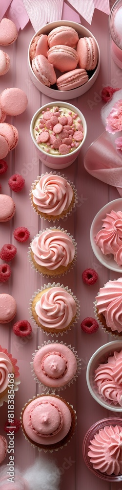 A variety of pink pastries arranged in a decorated display. A variety of pink pastries arranged in a decorated display.