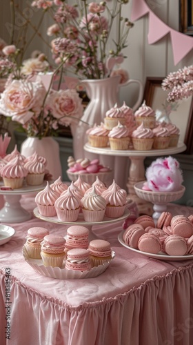 A variety of pink pastries arranged in a decorated display. 