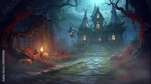 Mysterious witch's house nestled amidst the ethereal glow of the forest. A spellbinding abode in the heart of enchanted wSeamless looping 4k time-lapse virtual video animation background. Generated AI photo