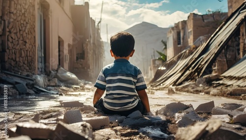 A small child sitting amidst rubble on a desolate street in a war torn area.