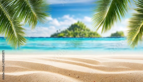 A tropical beach scene with palm leaves framing the view of a calm ocean and a distant island under a bright blue sky.