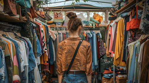 Gen Z young girl looking for clothes, unique and vintage finds in second hand clothing shop, charity shop, thrift store. Sustainable fashion, circular market, zero waste lifestyle PHOTOGRAPHY