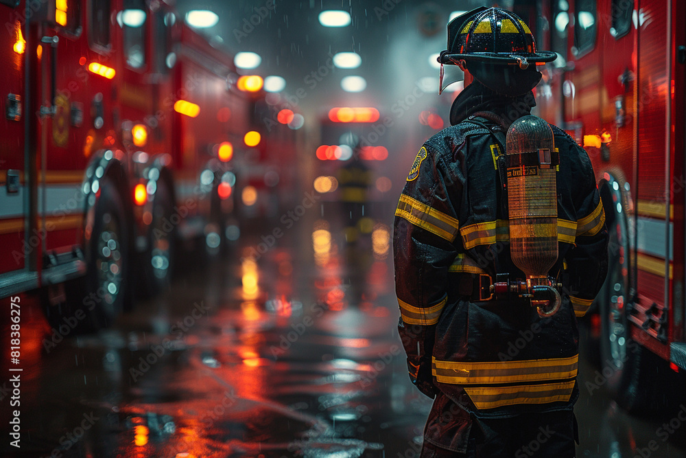 A firefighter inspecting equipment at a fire station, surrounded by fire trucks and gear. A firefighter inspecting equipment at a fire station, surrounded by fire trucks and gear.