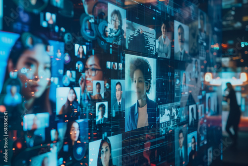 A global corporation's interconnectedness is artistically portrayed with diverse faces on a big screen monitor during an online videoconference