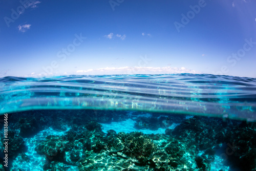 Above below view of a tropical reef lagoon under blue sky