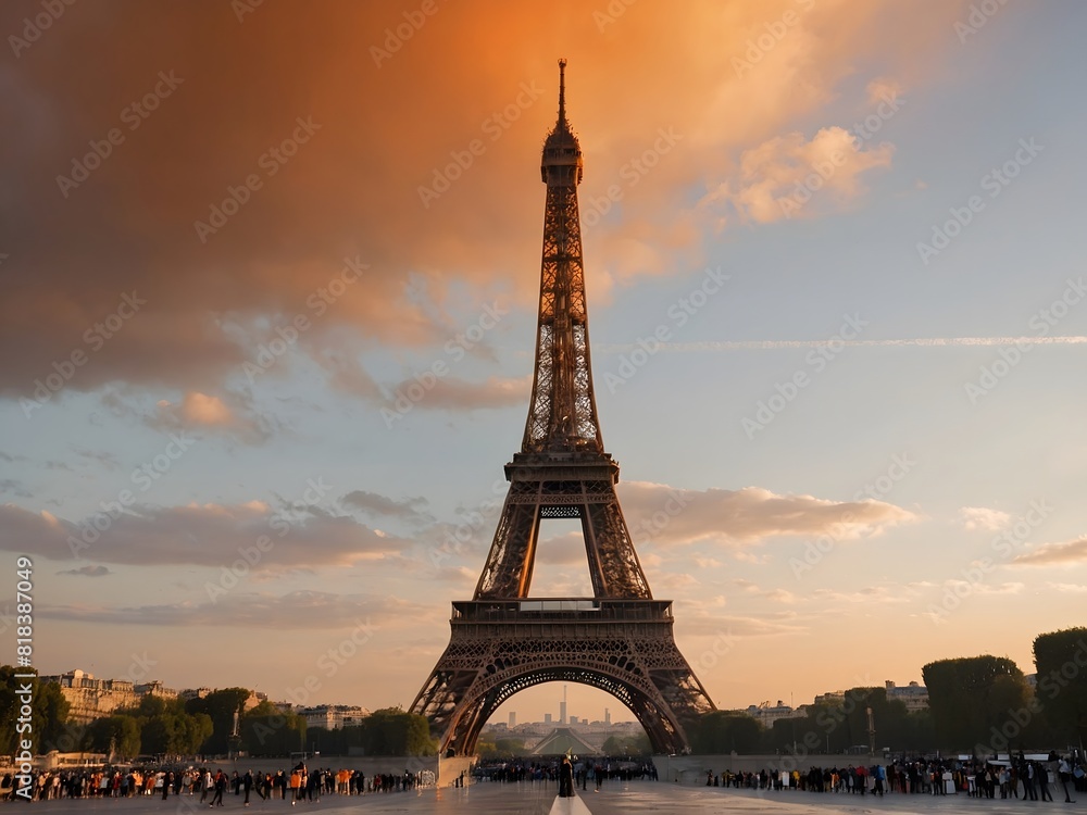 Fototapeta premium Olympic Torch with silhouette of the Eiffel Tower in background. Olympic Paris 2024 Concept. Ai Generative.
