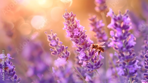 Serene Lavender Field with a Honeybee in Golden Hour Light  Perfect for Relaxation and Wellness Themes. AI