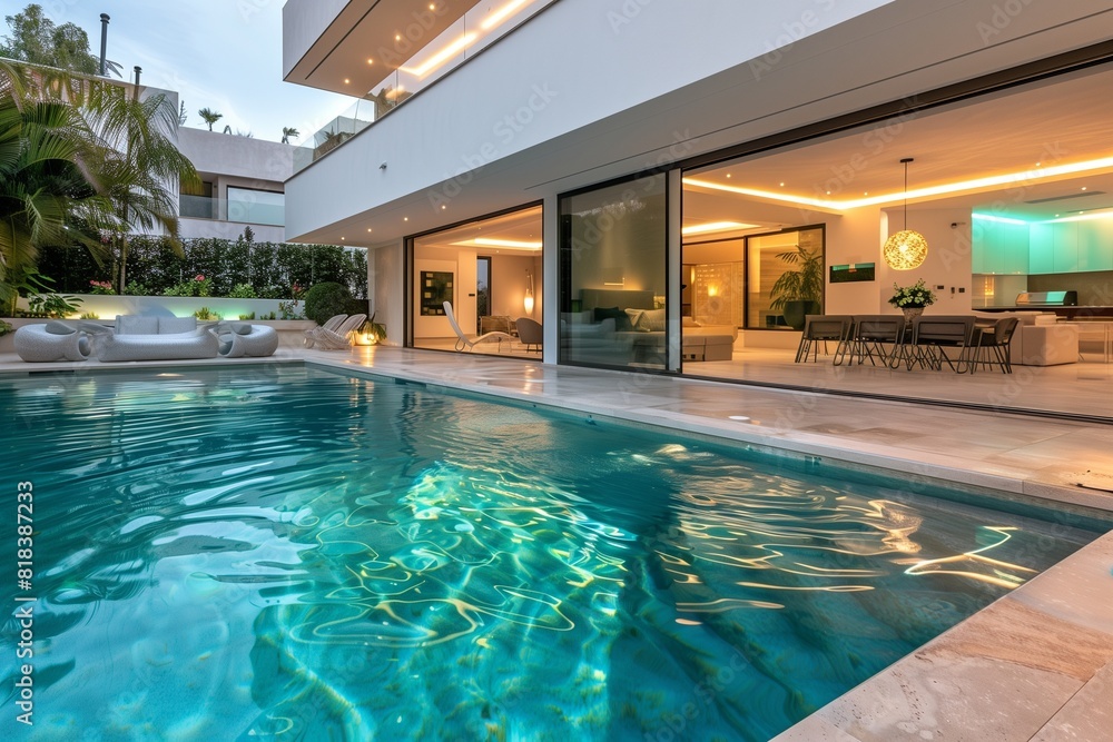 : A sophisticated villa with a crystal-clear swimming pool, featuring underwater lighting and surrounded by a pristine patio with modern furniture. : A sophisticated villa with a crystal-clear swimming pool, featuring underwater lighting and surrounded by a pristine patio with modern furniture.