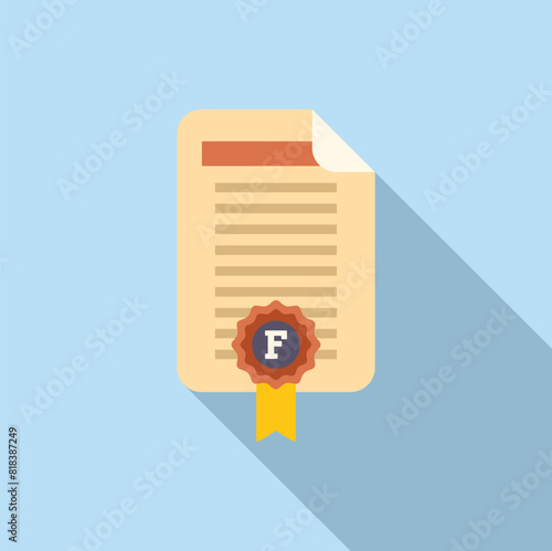 Flat design vector illustration of a certified document icon with a long shadow effect