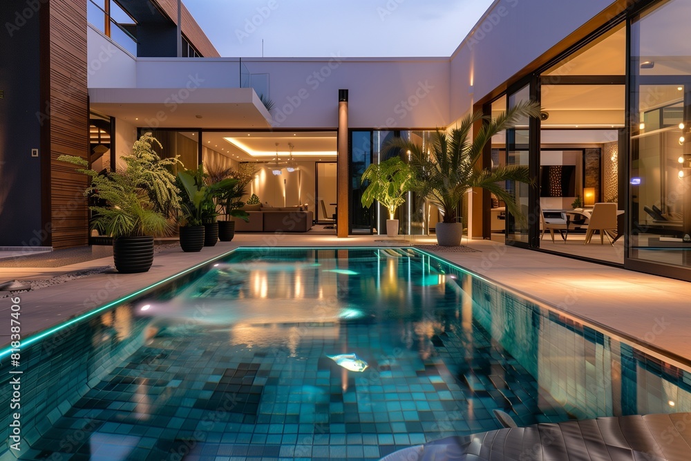: An elegant modern villa with a shimmering swimming pool, enhanced by underwater LED lighting and surrounded by a chic, minimalist patio with potted plants. : An elegant modern villa with a shimmering swimming pool, enhanced by underwater LED lighting and surrounded by a chic, minimalist patio with potted plants.