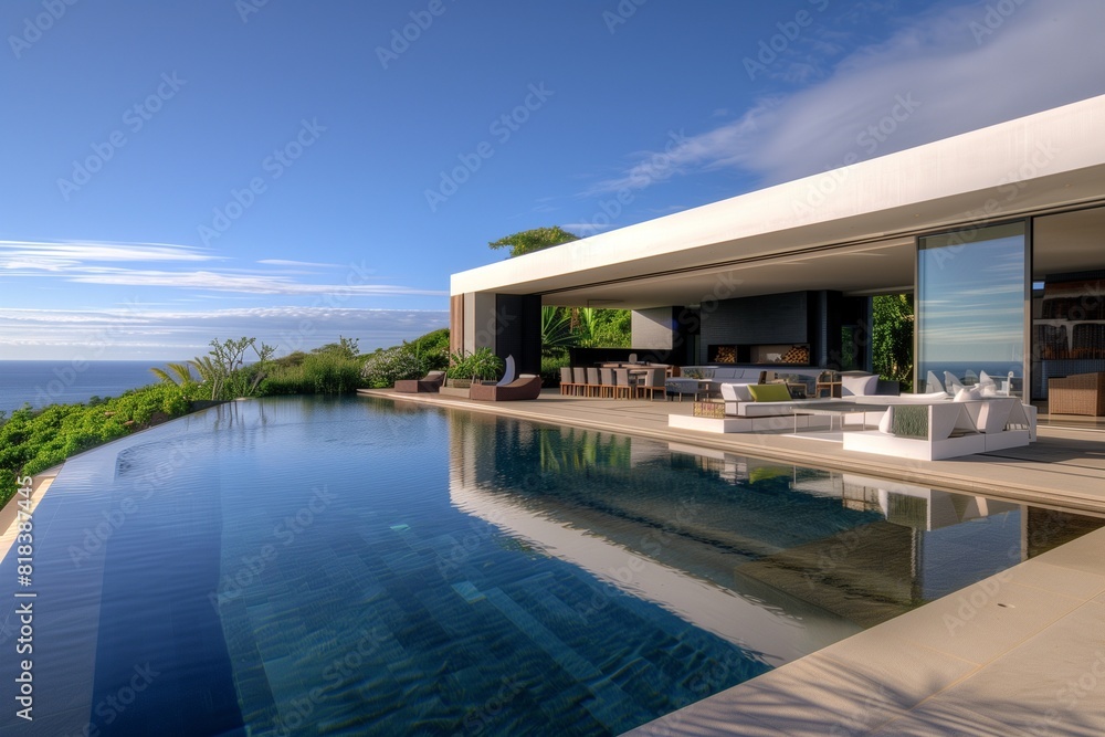 : An ultra-modern villa with a sleek infinity pool that seems to merge with the horizon, surrounded by chic outdoor furniture and lush greenery. : An ultra-modern villa with a sleek infinity pool that seems to merge with the horizon, surrounded by chic outdoor furniture and lush greenery.