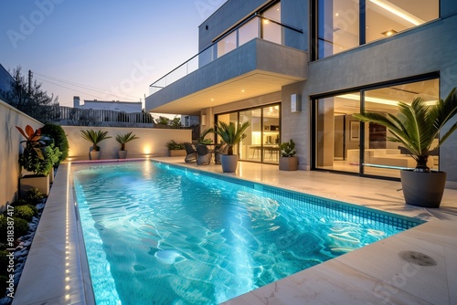   An elegant modern villa with a shimmering swimming pool  enhanced by underwater LED lighting and surrounded by a chic  minimalist patio with potted plants.