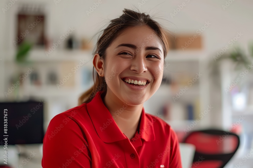 A young mexican community manager wearing a red polo shirt in a well illuminated white office, laugh A young mexican community manager wearing a red polo shirt in a well illuminated white office, laugh