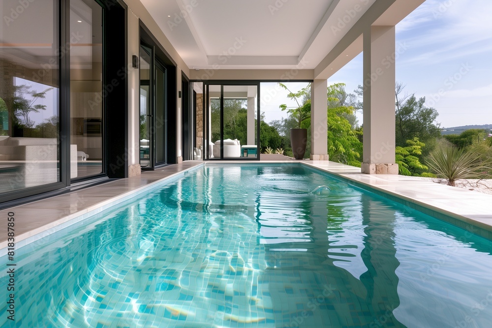 : A luxurious villa with a pristine swimming pool, featuring a seamless blend of indoor and outdoor living spaces through floor-to-ceiling glass doors, captured in stunning detail.