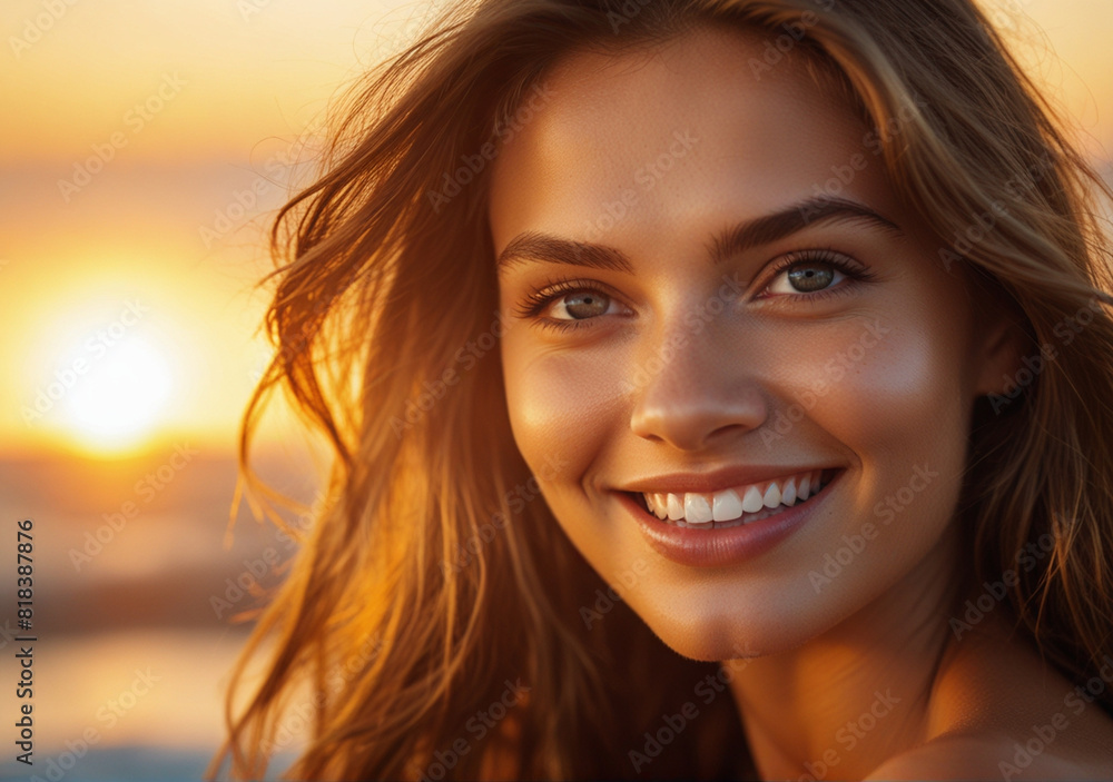 Portrait of a woman standing on the beach with beautiful eyes and a smiling face, enjoying the beautiful moments of life on the beach at sunset Portrait of a woman standing on the beach with beautiful eyes and a smiling face, enjoying the beautiful moments of life on the beach at sunset
