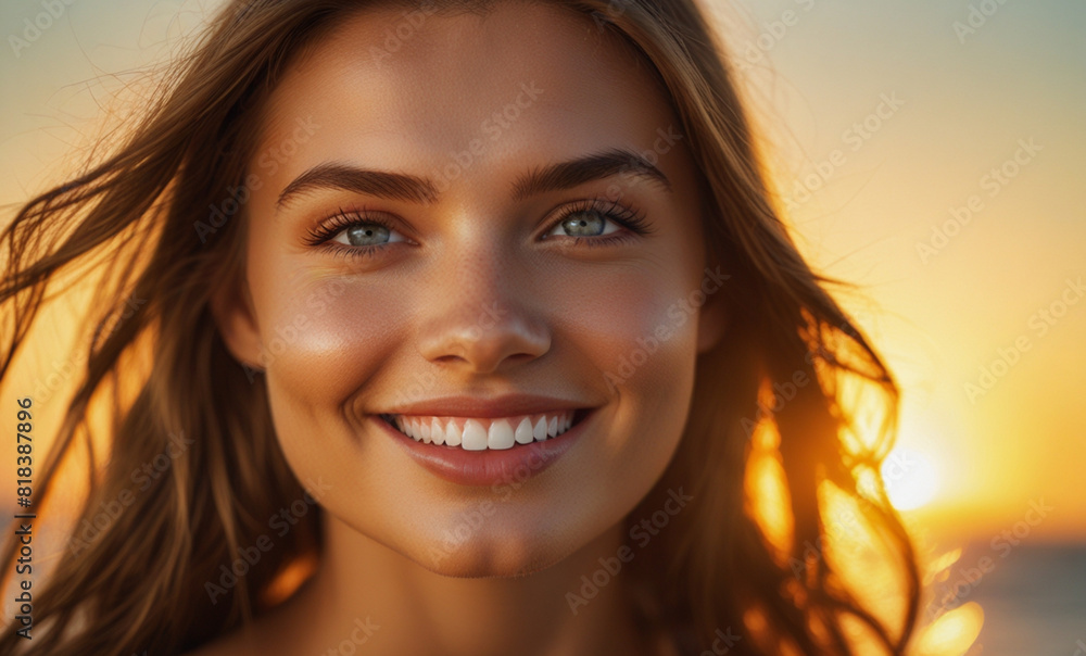 Portrait of a woman standing on the beach with beautiful eyes and a smiling face, enjoying the beautiful moments of life on the beach at sunset Portrait of a woman standing on the beach with beautiful eyes and a smiling face, enjoying the beautiful moments of life on the beach at sunset