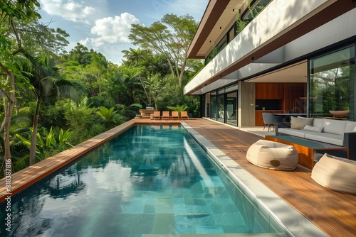   A sleek contemporary villa with a serene swimming pool  surrounded by a spacious wooden deck and modern outdoor seating  set against a backdrop of lush greenery.