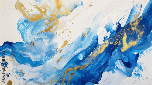 Abstract Blue and Gold Painting, white background, splash spatula painting with fluid lines. Vector, visual texture.