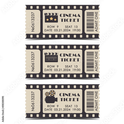Set of retro cinema tickets. Vector movie theatre vintage illustration. Filmstrip admission coupons template 
