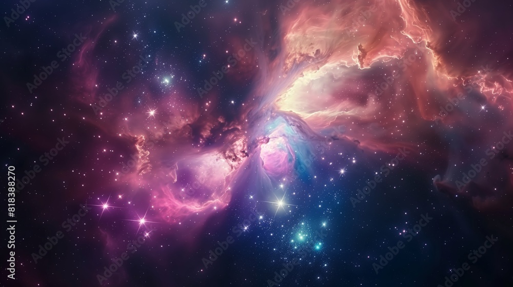 A vibrant cosmic nebula, showcasing a mesmerizing blend of colors from deep purples and blues to fiery oranges and reds. A vibrant cosmic nebula, showcasing a mesmerizing blend of colors from deep purples and blues to fiery oranges and reds.