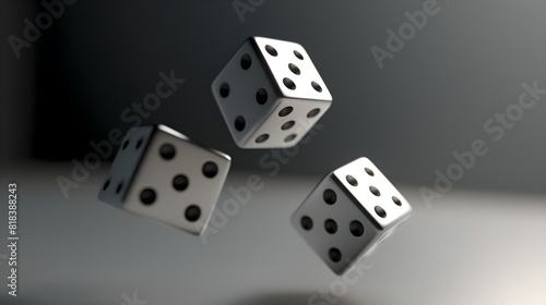 Three White Dice Floating Mid-Air on a Dark Background. Neutral Toned Image Capturing Concept of Risk and Chance in Gaming. Perfect for Casino Themes. AI