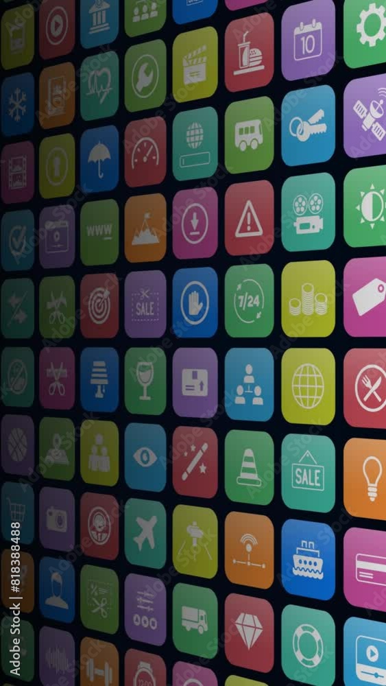 App 3d - Monitor with apps icons set - Set of applications symbols on mobile device screen - 3d animation App 3d - Monitor with apps icons set - Set of applications symbols on mobile device screen - 3d animation