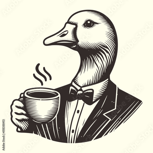 goose wearing tuxedo with a bow tie and holding a cup vintage portrait illustration