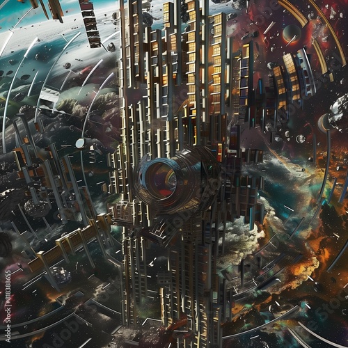 Richly colored science-fiction illustration of a giant alien structure floating in space over a mysterious planet. From the series �Arcs Circles Grids," "Machine City.�
