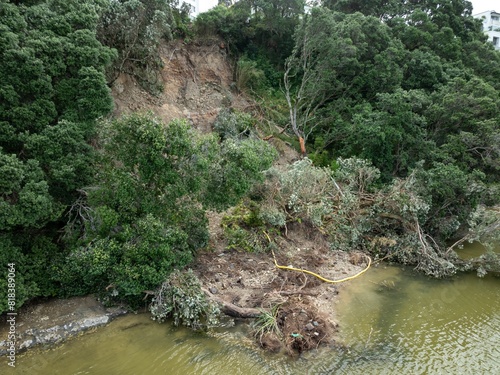 Erosion flood damage of Pohtukawa trees falling from the cliffs from severe tropical storms. Parnell, Auckland, New Zealand. February 2023 photo