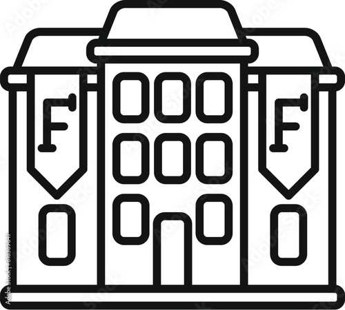 Line art illustration of a fire station with typical features and symbols