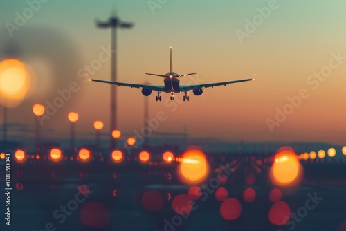 Passenger plane flying in the sky at sunset, seen from behind with a blurred background , an airplane landing or taking off near an airport runway, depicting a travel concept photo