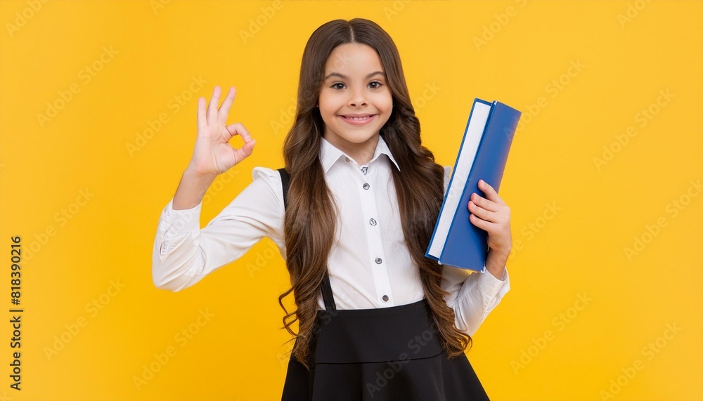 school kid in formal uniform hold book on yellow background with ok gesture, maths teacher school kid in formal uniform hold book on yellow background with ok gesture, maths teacher