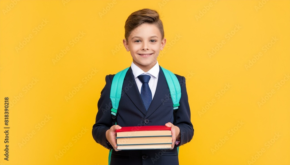 school kid in formal uniform hold book on yellow background school kid in formal uniform hold book on yellow background
