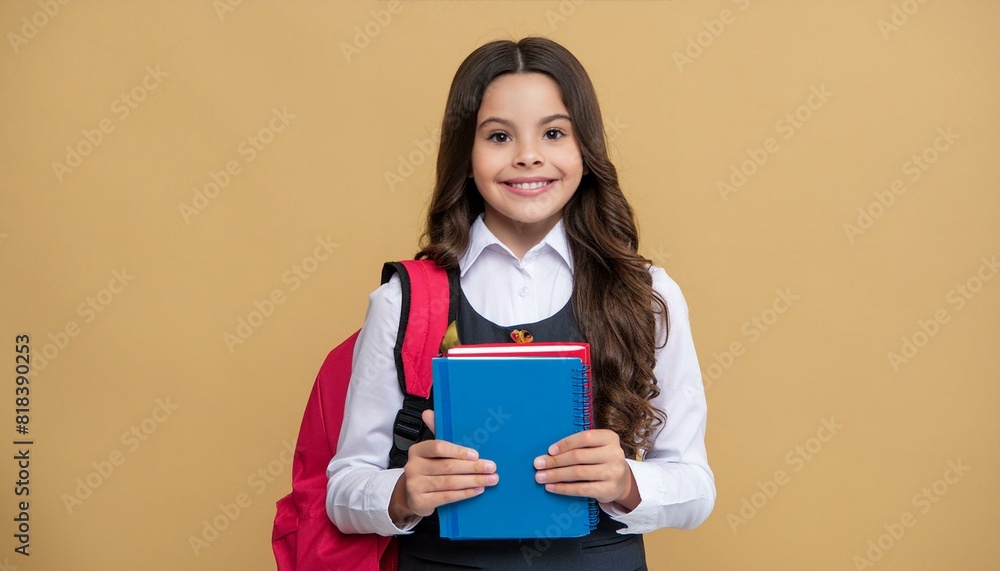 school kid in formal uniform hold book on yellow background school kid in formal uniform hold book on yellow background