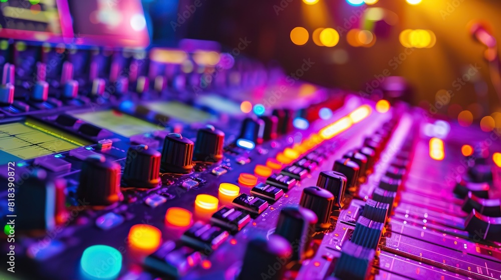 Close-up of a colorful sound mixer board in a recording studio, showcasing vibrant lights and various control knobs. Close-up of a colorful sound mixer board in a recording studio, showcasing vibrant lights and various control knobs.