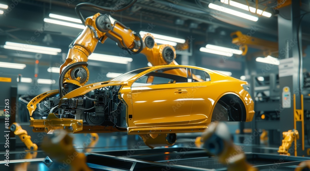 Yellow robotic arm is crafting an uncast car in the middle of a modern automotive factory in a photorealistic style. Yellow robotic arm is crafting an uncast car in the middle of a modern automotive factory in a photorealistic style.