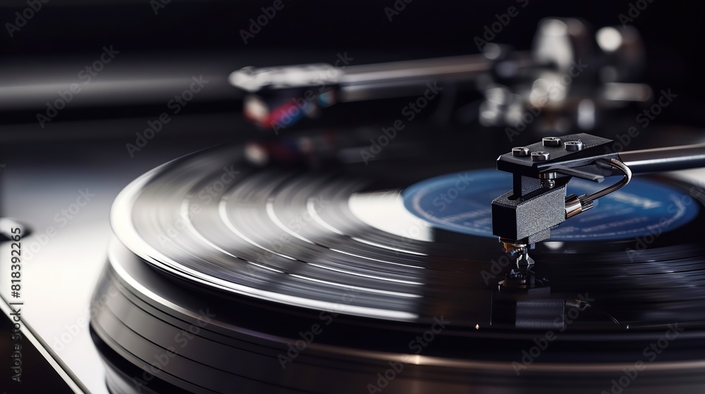 Close-up shot of a vinyl record playing on a turntable, capturing the essence of vintage music and audio equipment. Close-up shot of a vinyl record playing on a turntable, capturing the essence of vintage music and audio equipment.