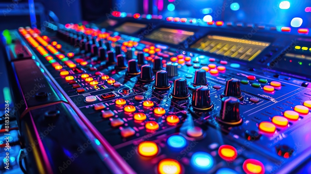 Vibrant audio mixing console in a dimly lit studio. Perfect for sound engineering, music production, and live event visuals. Vibrant audio mixing console in a dimly lit studio. Perfect for sound engineering, music production, and live event visuals.